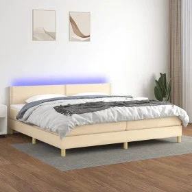 Box spring bed with mattress and LED cream fabric 200x200 cm by , Beds and slatted bases - Ref: Foro24-3133666, Price: 540,68...