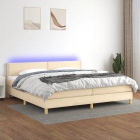 Cama box spring con colchón y LED tela crema 200x200 cm de , Camas y somieres - Ref: Foro24-3133666, Precio: 529,42 €, Descue...