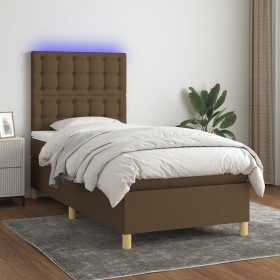 Cama box spring colchón y luces LED tela marrón oscuro 90x190cm