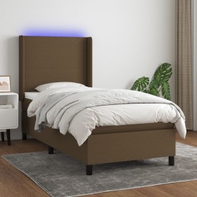 Cama box spring colchón y luces LED tela marrón oscuro 90x190cm