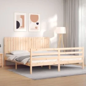 Double bed frame with solid wood headboard by , Beds and slatted bases - Ref: Foro24-3194781, Price: 183,57 €, Discount: %
