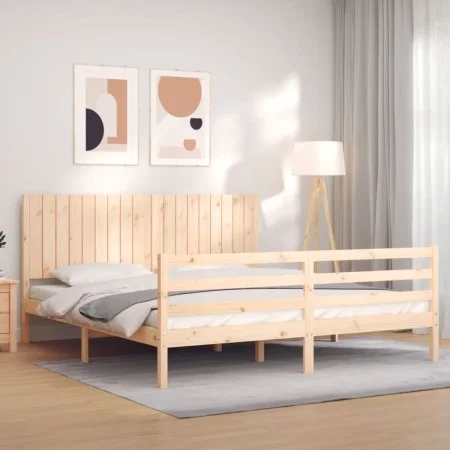 Double bed frame with solid wood headboard by , Beds and slatted bases - Ref: Foro24-3194781, Price: 183,57 €, Discount: %