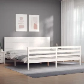 Double bed frame with white solid wood headboard by , Beds and slatted bases - Ref: Foro24-3194652, Price: 210,94 €, Discount: %