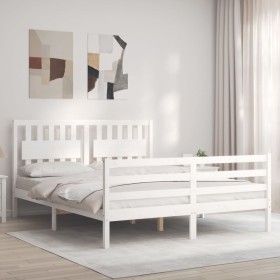 Estructura de cama matrimonio con cabecero madera maciza blanco de , Camas y somieres - Ref: Foro24-3194317, Precio: 158,27 €...