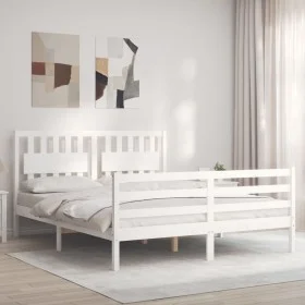 Estructura de cama matrimonio con cabecero madera maciza blanco de , Camas y somieres - Ref: Foro24-3194317, Precio: 156,27 €...