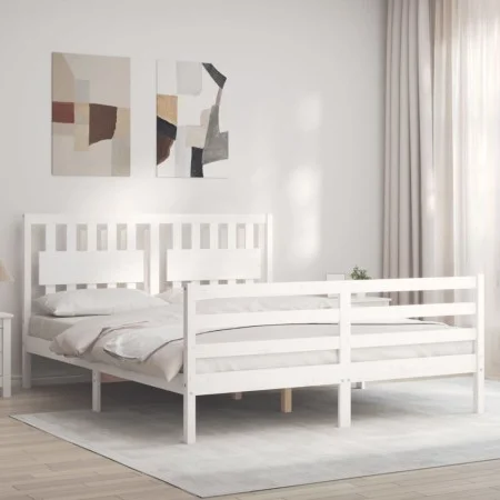 Double bed frame with white solid wood headboard by , Beds and slatted bases - Ref: Foro24-3194317, Price: 156,30 €, Discount: %