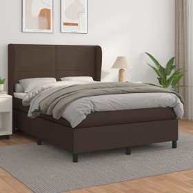 Cama box spring con colchón cuero sintético marrón 140x190 cm