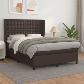 Cama box spring con colchón cuero sintético marrón 140x190 cm