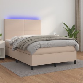 Cama box spring colchón LED cuero sintético capuchino 140x190cm