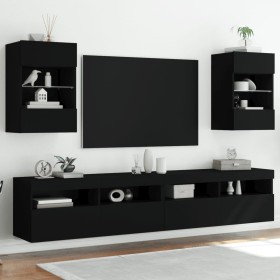 Muebles de TV de pared con luces LED 2 uds negro 40x30x60,5 cm