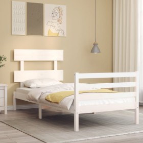 Estructura de cama individual con cabecero madera maciza blanco