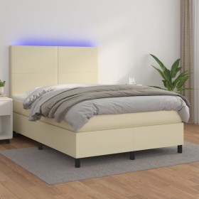 Cama box spring colchón y LED cuero sintético crema 140x190 cm