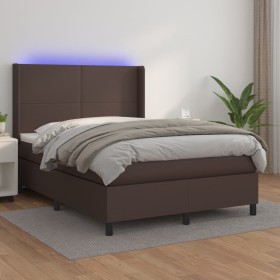 Cama box spring colchón y LED cuero sintético marrón 140x190 cm