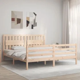 Double bed frame with solid wood headboard by , Beds and slatted bases - Ref: Foro24-3194326, Price: 165,43 €, Discount: %