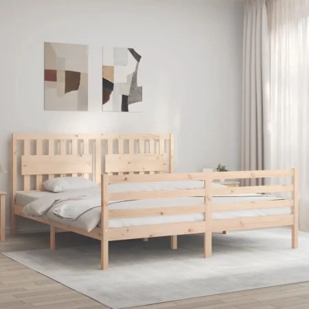 Double bed frame with solid wood headboard by , Beds and slatted bases - Ref: Foro24-3194326, Price: 165,43 €, Discount: %