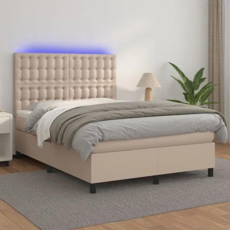 Box spring bed LED mattress synthetic leather cappuccino 140x190cm by , Beds and slatted bases - Ref: Foro24-3135944, Price: ...