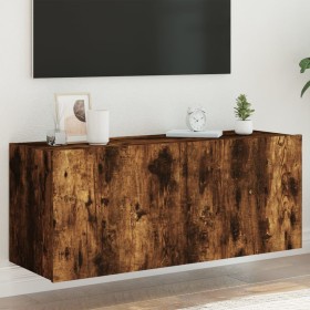 Mueble de TV de pared con luces LED roble ahumado 100x35x41 cm