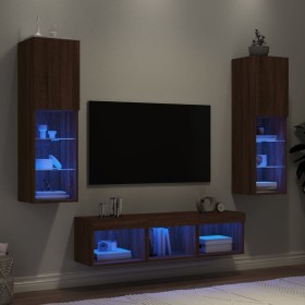Muebles TV pared con LED 5 pzas madera ingeniería marrón roble