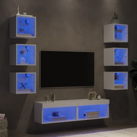 Muebles de TV de pared con LED 8 pzas madera ingeniería blanco