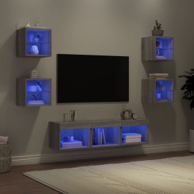 Muebles TV pared con LED 7 pzas madera ingeniería gris Sonoma