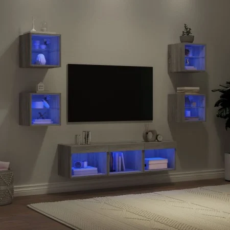 TV wall furniture with LED 7 pieces engineered wood gray Sonoma by , TV Furniture - Ref: Foro24-3216588, Price: 130,40 €, Dis...