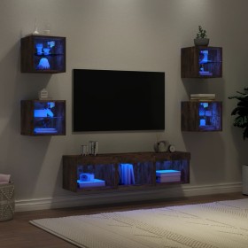 TV wall furniture with LED 7 pieces engineered wood smoked oak by , TV Furniture - Ref: Foro24-3216587, Price: 127,78 €, Disc...