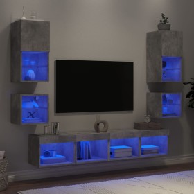 Muebles TV pared con LED 8 pzas madera ingeniería gris hormigón
