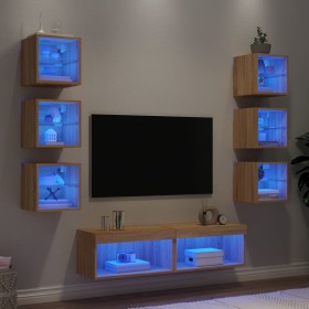 Muebles TV pared con LED 8 pzas madera ingeniería roble Sonoma