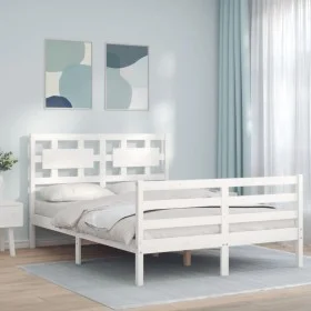 Double bed frame with white solid wood headboard by , Beds and slatted bases - Ref: Foro24-3194417, Price: 158,78 €, Discount: %