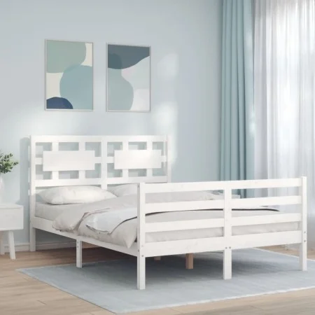 Double bed frame with white solid wood headboard by , Beds and slatted bases - Ref: Foro24-3194417, Price: 158,78 €, Discount: %