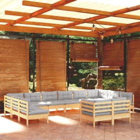 Muebles de jardín 12 pzas y cojines gris madera maciza de pino