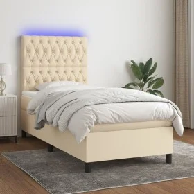 Box spring bed mattress and LED lights cream fabric 80x200 cm by , Beds and slatted bases - Ref: Foro24-3135074, Price: 336,3...
