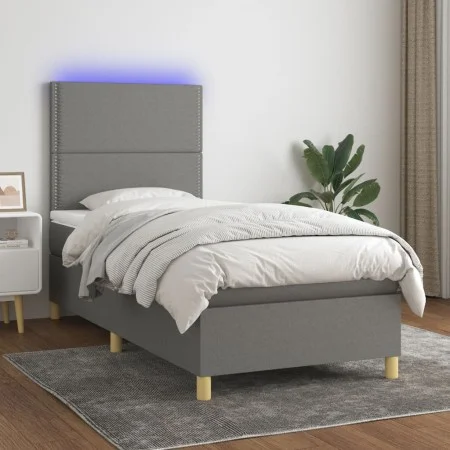 Cama box spring colchón y luces LED tela gris oscuro 90x190 cm de , Camas y somieres - Ref: Foro24-3135318, Precio: 316,94 €,...