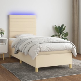 Cama box spring colchón y luces LED tela crema 80x200 cm