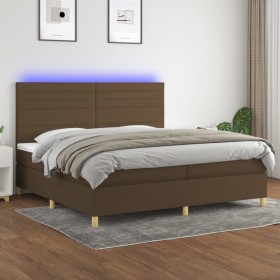 Cama box spring colchón luces LED tela marrón oscuro 200x200 cm