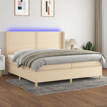 Box spring bed mattress and LED lights cream fabric 200x200 cm by , Beds and slatted bases - Ref: Foro24-3138826, Price: 604,...