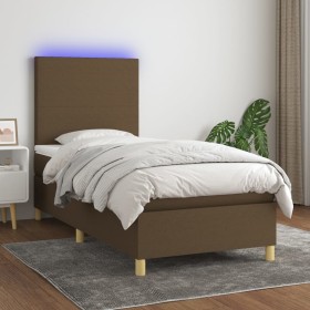 Cama box spring colchón luces LED tela marrón oscuro 100x200cm