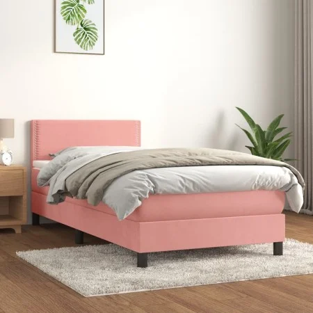 Box spring bed with pink velvet mattress 100x200 cm by , Beds and slatted bases - Ref: Foro24-3141232, Price: 290,71 €, Disco...