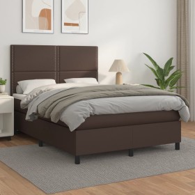 Cama box spring con colchón cuero sintético marrón 140x200cm