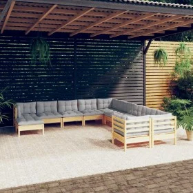 Garden furniture 11 pieces and gray pine wood cushions by , Garden sets - Ref: Foro24-3097054, Price: 851,24 €, Discount: %