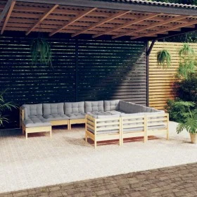 Garden furniture 11 pieces and gray pine wood cushions by , Garden sets - Ref: Foro24-3097042, Price: 851,22 €, Discount: %