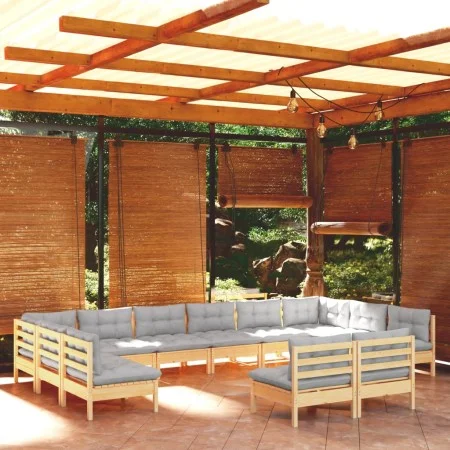 Garden furniture 12 pieces and cushions solid gray pine wood by , Garden sets - Ref: Foro24-3097222, Price: 875,50 €, Discoun...