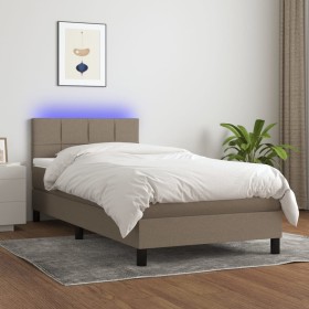 Cama box spring colchón y luces LED tela gris taupe 90x190 cm