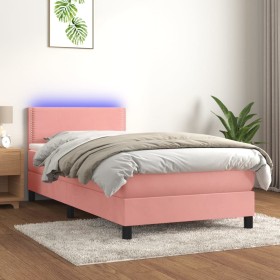 Cama box spring colchón y LED terciopelo rosa 100x200 cm