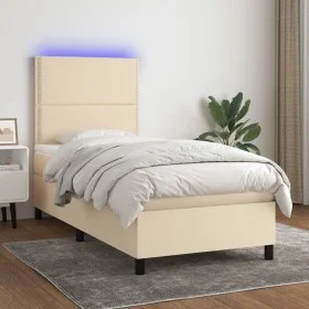 Box spring bed mattress and LED lights cream fabric 90x200 cm by , Beds and slatted bases - Ref: Foro24-3134770, Price: 320,4...