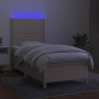 Cama box spring colchón y luces LED tela color crema 90x190 cm