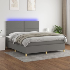 Cama box spring colchón y luces LED tela gris oscuro 180x200 cm