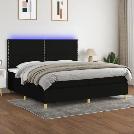 Box spring bed mattress and LED lights black fabric 200x200 cm by , Beds and slatted bases - Ref: Foro24-3135383, Price: 631,...