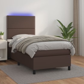 Cama box spring y colchón LED cuero sintético marrón 90x200 cm