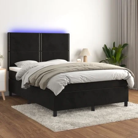 Box spring bed with mattress and LED black velvet 140x200 cm by , Beds and slatted bases - Ref: Foro24-3136067, Price: 461,20...